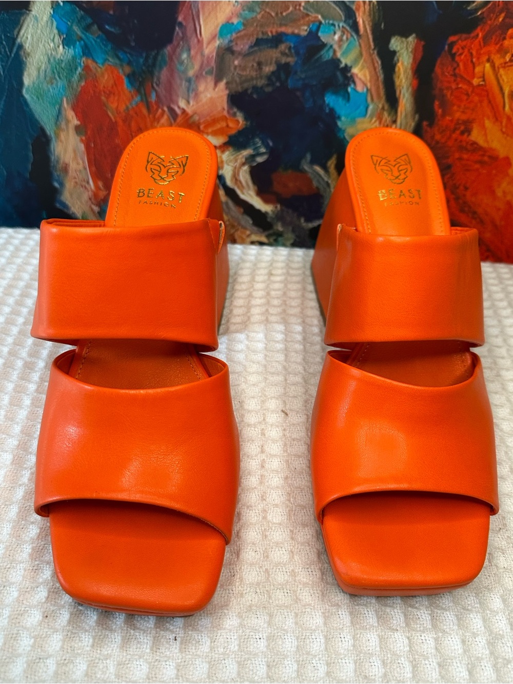 No. 65 BEAST FASHION Orange Double-Band Leather Slide Mules